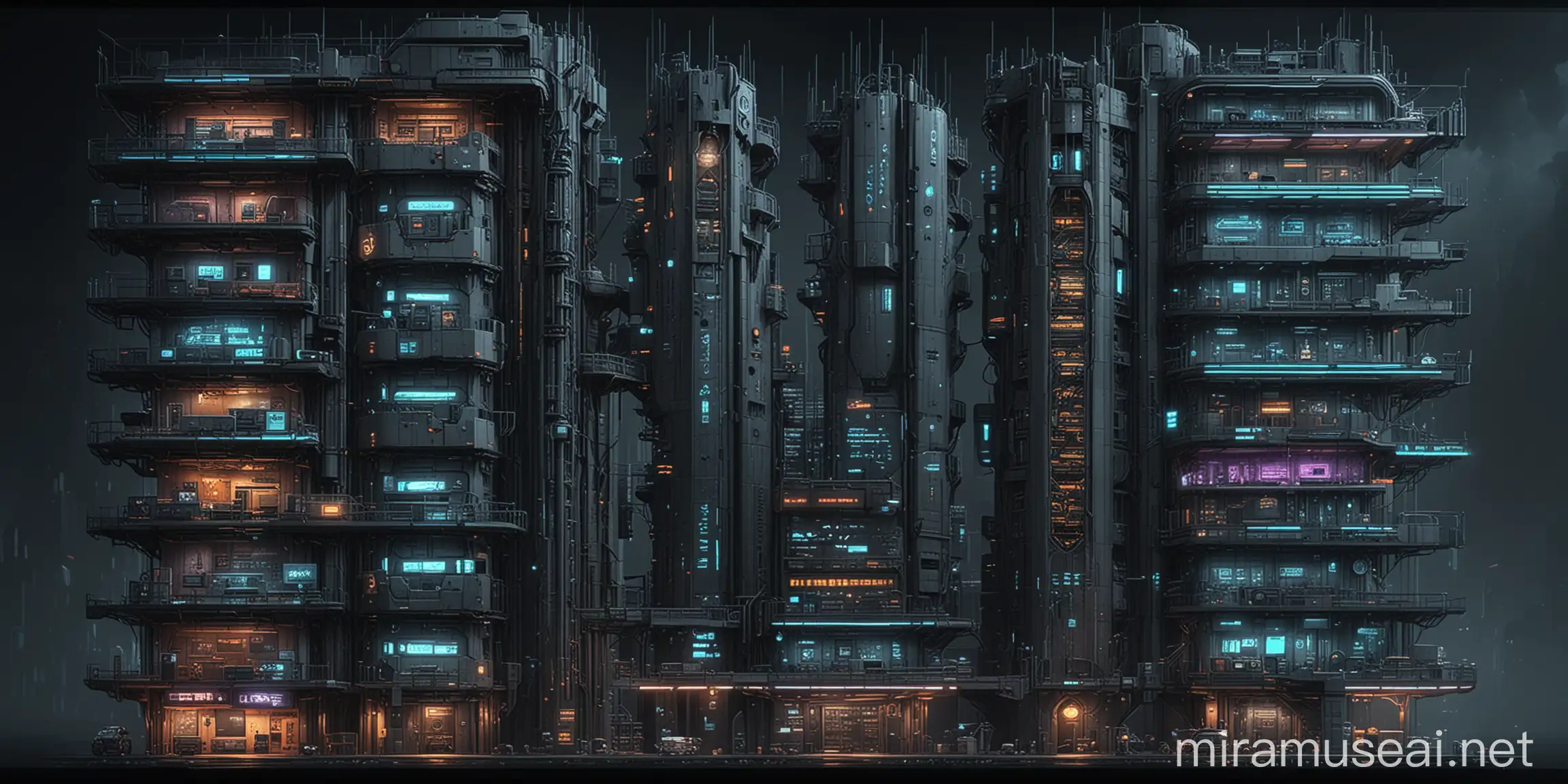 CrossSection Scheme of Uroboros Tower in Cyberpunk Aesthetic