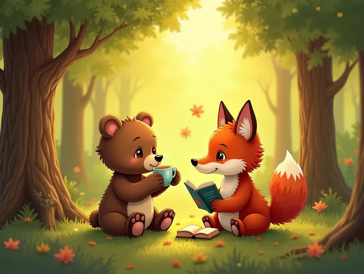 Cute little bear and fox are drinking tea in the sunny forest, a book is next to them.