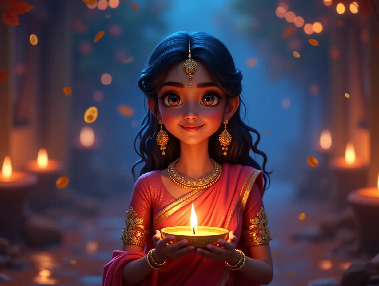 Happy Diwali celebration girl young Indian woman with olive skin and dark eyes, wearing a traditional Diwali clothes with ornate golden embellishments and sparkling gold earrings, cheerfully holding candles with her both hands.. She should resemble a Pixar-style animated character. The background showcases Diwali celebration illuminated by glowing blue neon lights, with autumn leaves and golden coins cascading all around. Highlight bold and slim lines, brush strokes, a vibrant color palette, iridescent style, and bright reflective light effects. The holographic background is in a full long shot with the subject spaced far away, focusing on her full body with vibrant, saturated colors that are professionally color graded. Add long exposition motion blur and tilt shot framing to introduce a dynamic, dramatic effect, very detailed, realistic