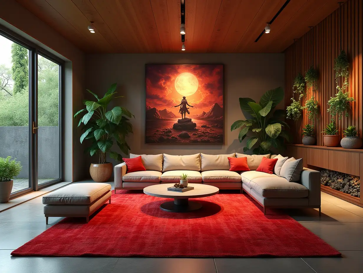 Large modern living room with red, carpet statue, lighting and furnishing with many hanging plants, a wall with an Attack on Titan image, a Zen garden with carefully tended rocks, a meditative 180 degree 8K resolution colorful capture