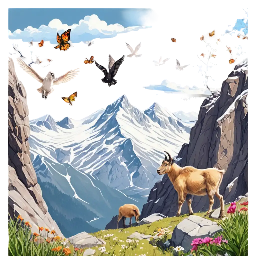 Vibrant-Mountain-Ecosystem-PNG-Illustration-Featuring-Wildlife-and-Majestic-Peaks