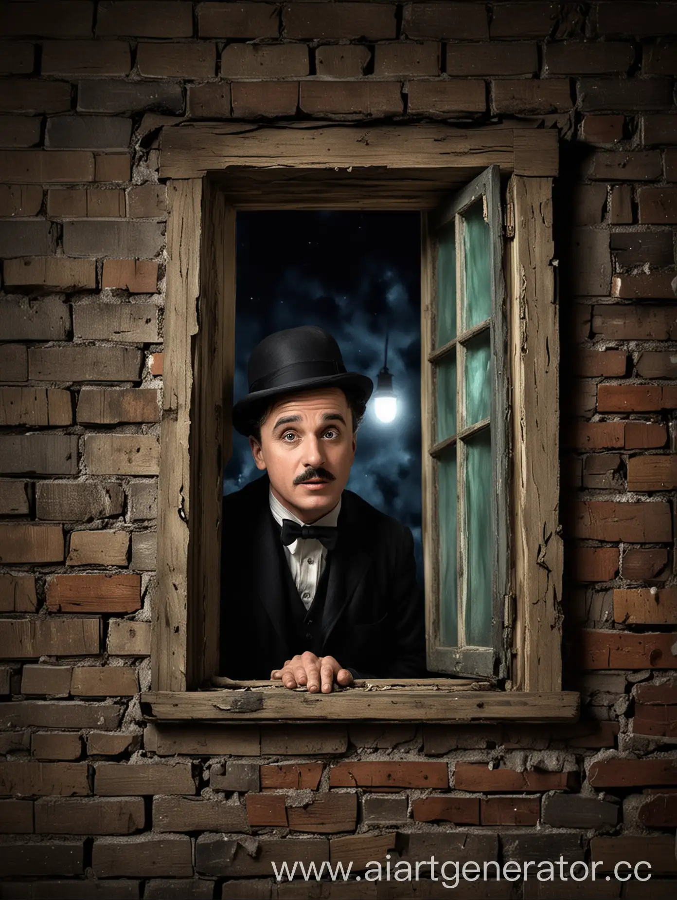 Charlie-Chaplin-Peeks-Out-from-a-House-Whirled-in-a-Vortex-with-City-Lights-Poster