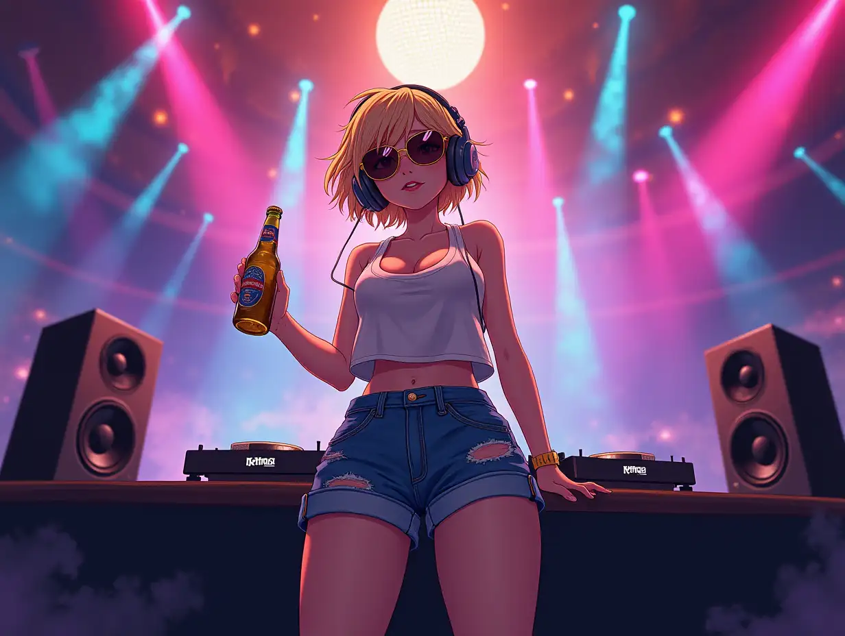 the girl is young, full-length, dressed in denim shorts, an open sports top with holes, a large lush bust, a deep neckline, beautiful, slender legs, blonde hair, short haircut, disheveled, combed to the right, large headphones on her head, darkened glasses on her eyes, gold glasses, a bottle of beer in her hand, dj console, nightclub, selfie fisheye, colored smoke, disco ball, huge speakers, fun, dancing, disco, glitter, modern detailed anime style