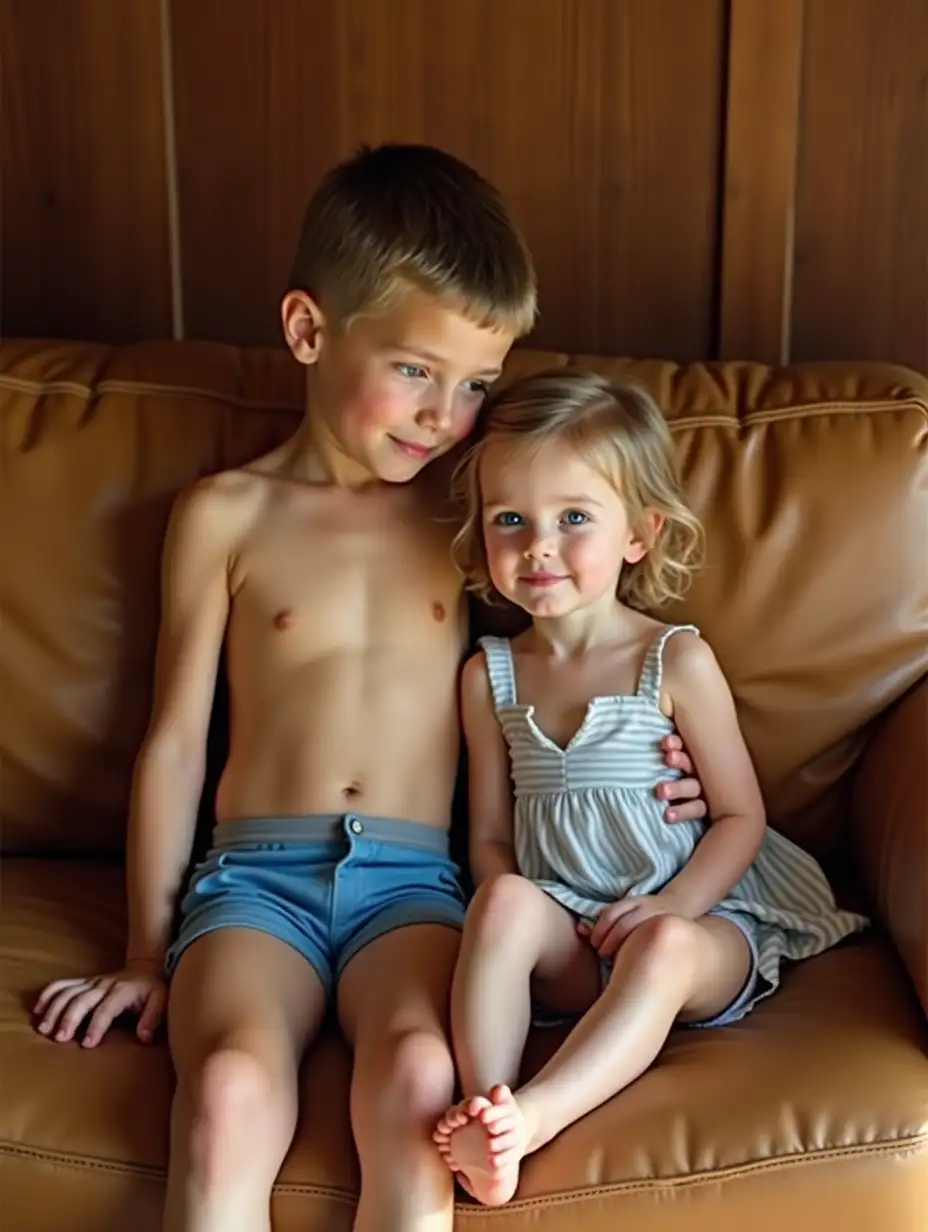 Young-Boy-and-Preschool-Girl-Cuddling-on-Leather-Couch-in-Wood-Paneled-Room