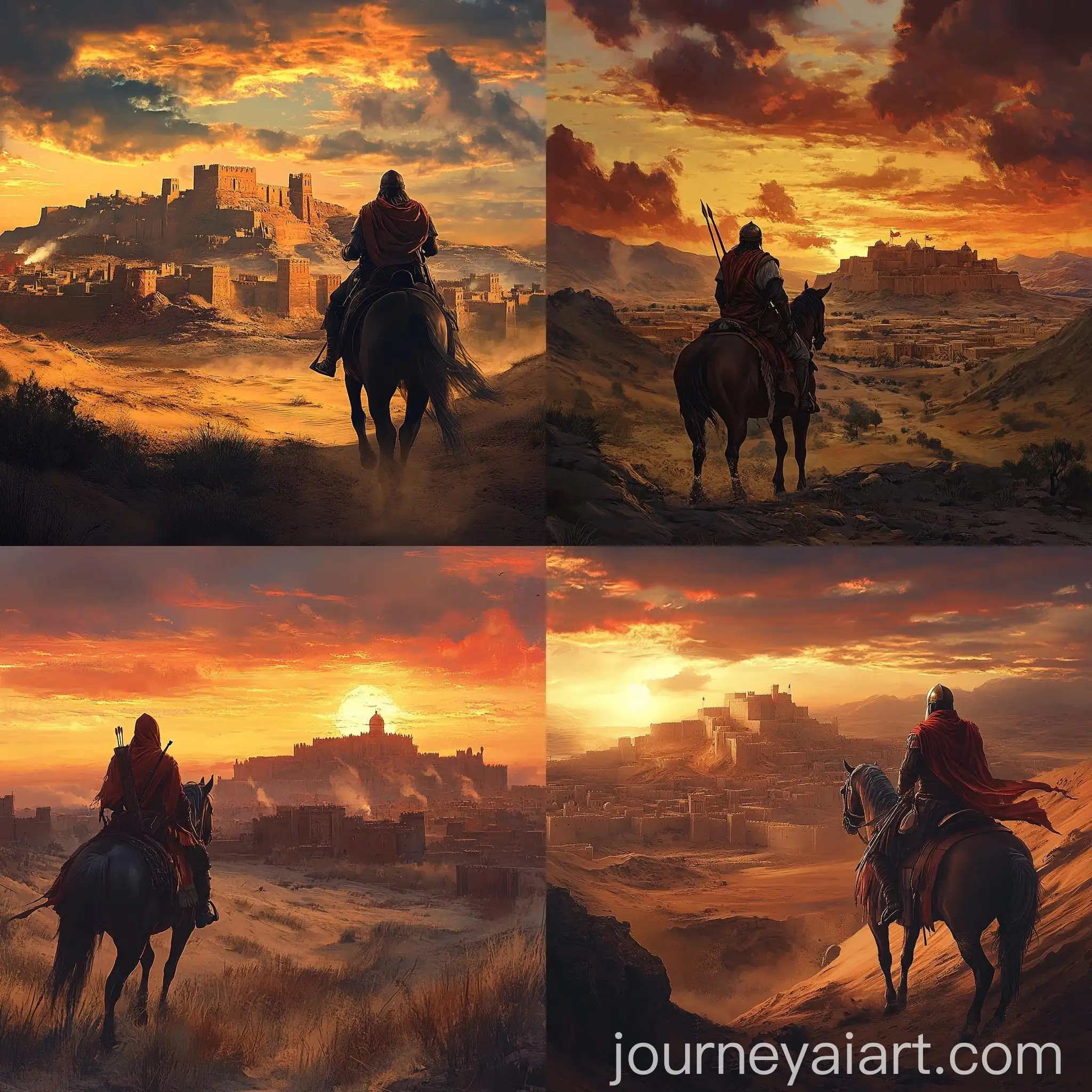 Persian-Warrior-Riding-Horse-in-Desert-at-Sunset-with-Walled-City-Horizon
