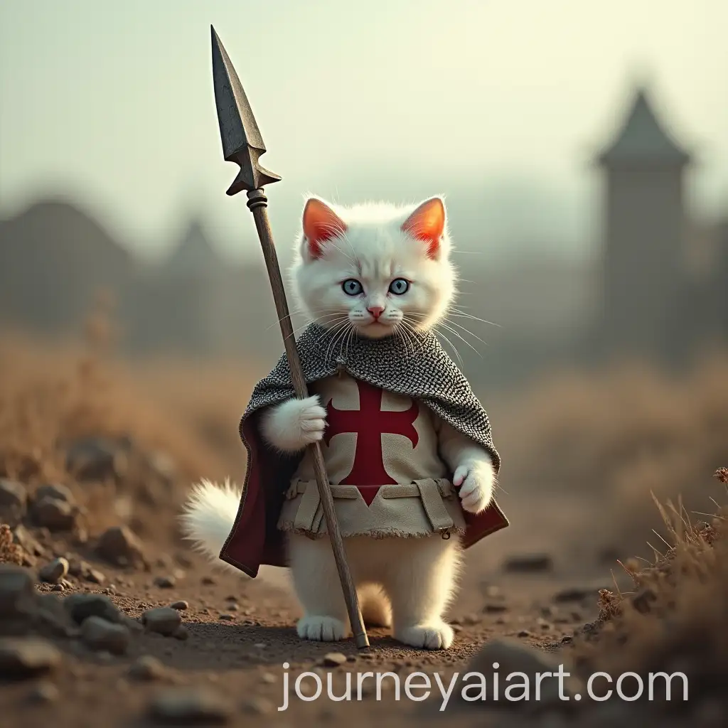 Brave-White-Kitten-Crusader-in-Medieval-Battlefield-with-Spear-and-Tattered-Tunic