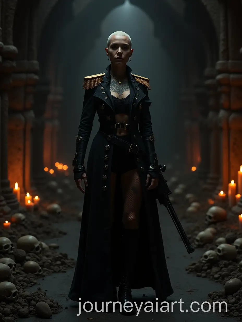 Fantasy-Bald-Tattooed-Female-Navy-Admiral-in-SciFi-Room-with-Sniper-Rifle