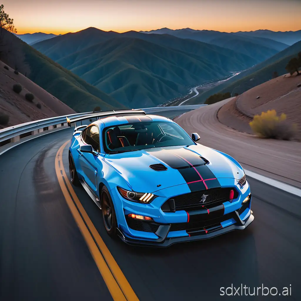 A Shelby GT350R drifting down a mountain at blue hour, front view, DSLR shot, 4k quality, realistic lighting, wide angle shot