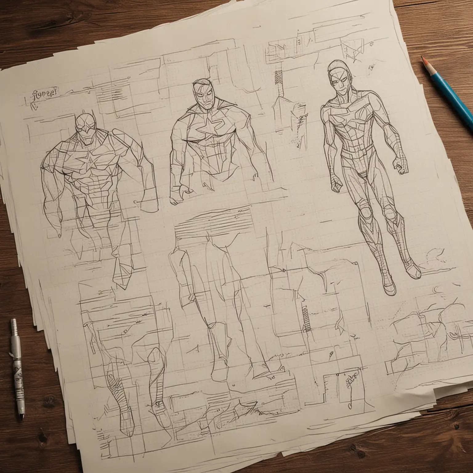 Sketches of Superhero Suit Designs on Paper