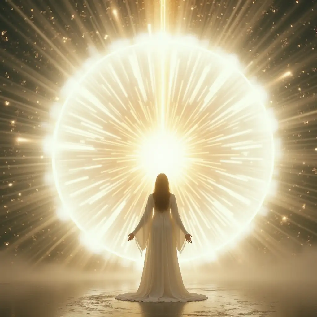 Celestial Woman in White Before a Radiant Light Portal