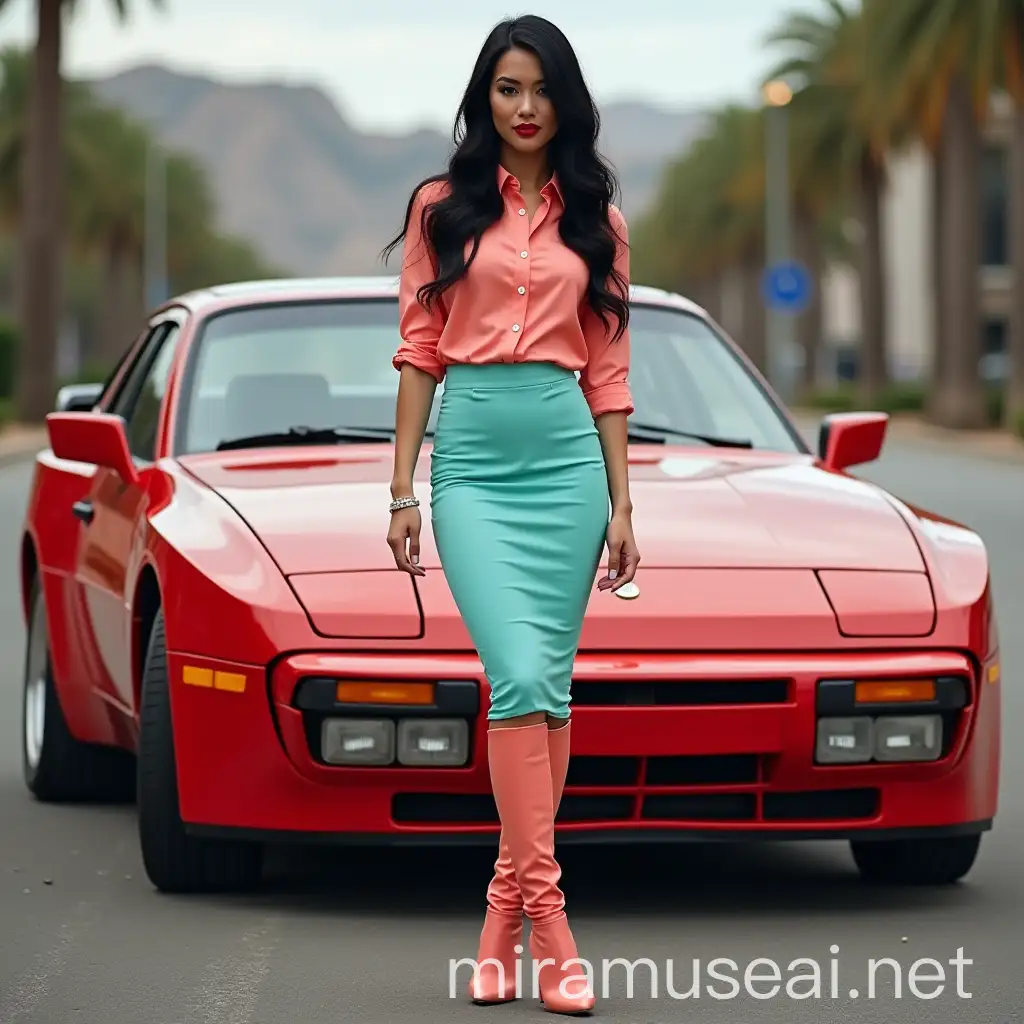 Fashionable Woman in Neon Aqua Skirt Posing with Vintage Porsche