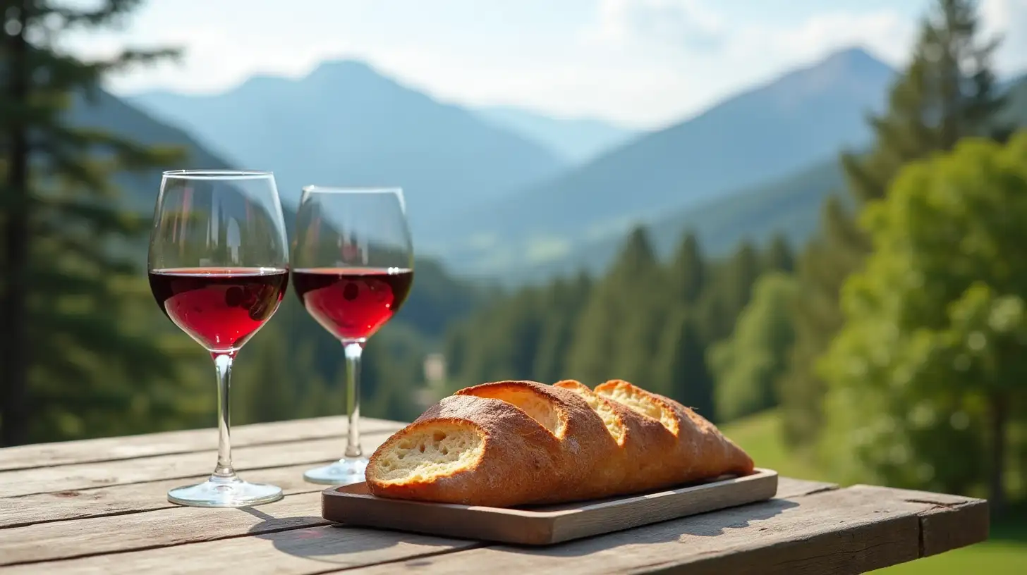 Outdoor Dining with Red Wine and Fresh Bread amidst Mountain Scenery