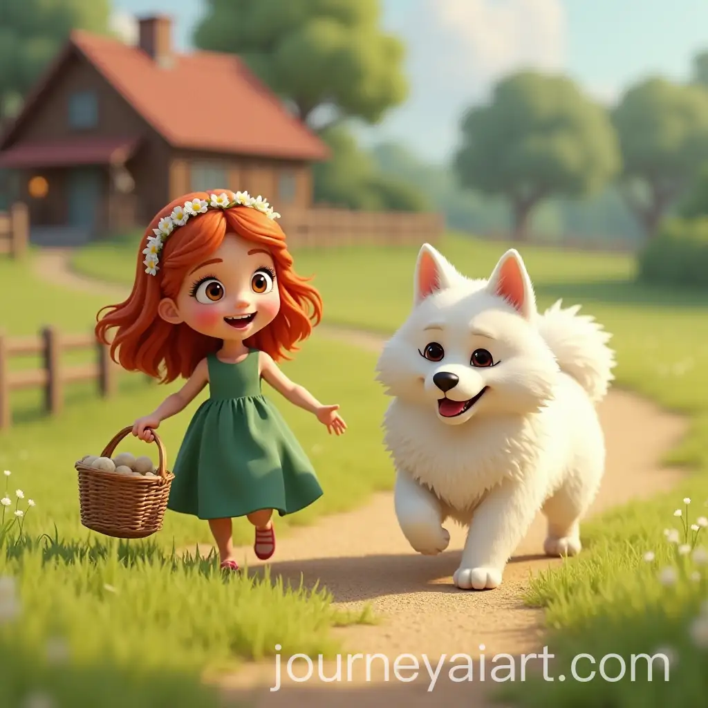 4YearOld-Girl-and-Fluffy-Samoyed-Dog-Walking-Across-Meadow-with-Picnic-Basket