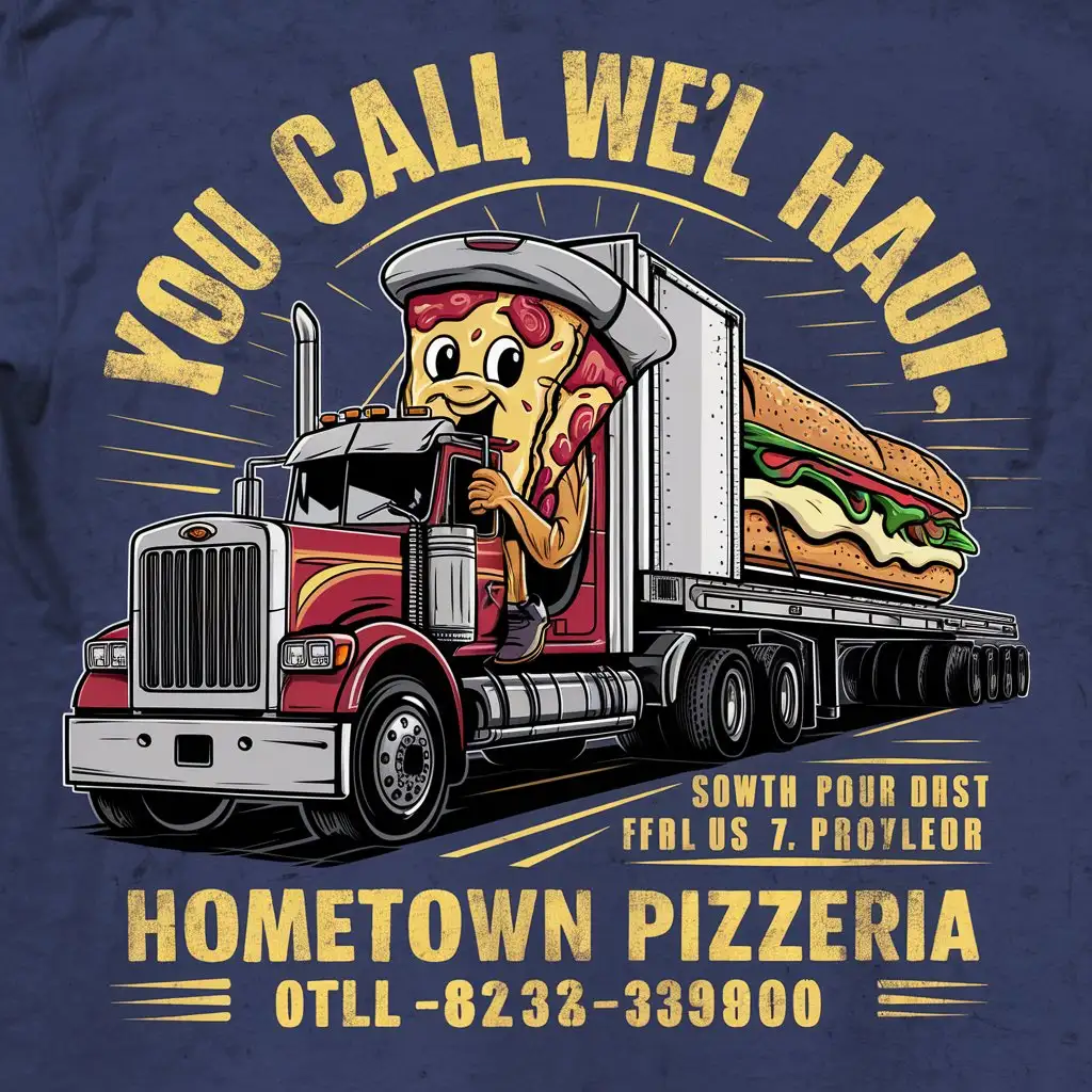 Pizza Slice Mascot Driving 18Wheeler Truck with 12Inch Sub on Flatbed Trailer