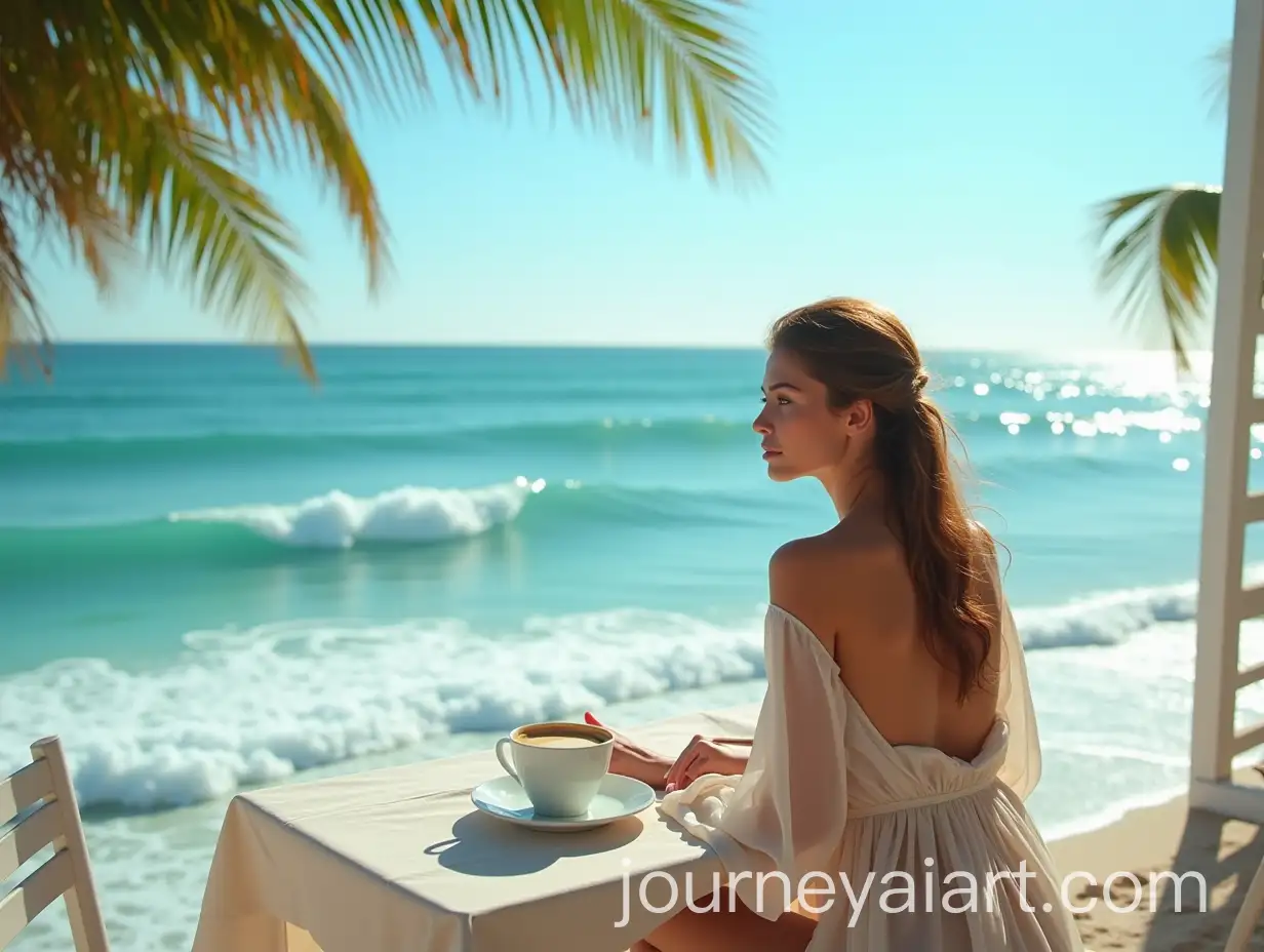 Beautiful-Girl-on-Terrace-with-Coffee-Overlooking-the-Ocean-and-Palm-Tree