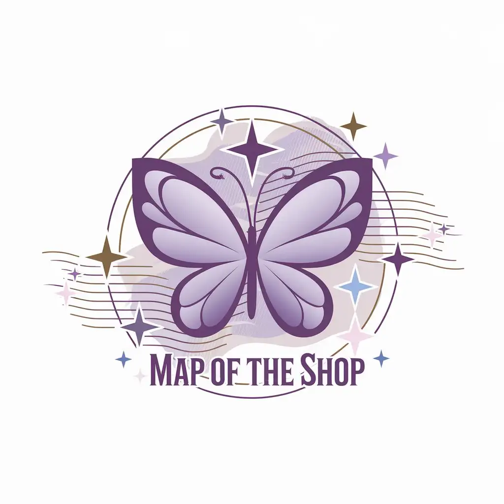 a vector logo design,with the text "Map of the Shop", main symbol:Mariposa Morada: The butterfly is at the center of the logo, with a simple design, smooth lines and not too many details. Its color is a soft purple. The butterfly is not extremely realistic, but more stylized, with rounded geometric shapes that give it a modern touch.nStars: Around the butterfly, there are stars of different sizes in colors gold, lavender, blue, and some in light pink. The stars have a very minimalist design, almost like small flashes, and are distributed harmoniously, without overloading the space.nAbstract Lines Inspired: Behind the butterfly and the stars, there are thin, subtle and abstract lines inspired by maps. These lines are gold. The lines are not straight, but curved, which adds dynamism and depth.nWhite Space: The whole design is framed by a generous use of white space, without being loaded.,Moderate,clear background