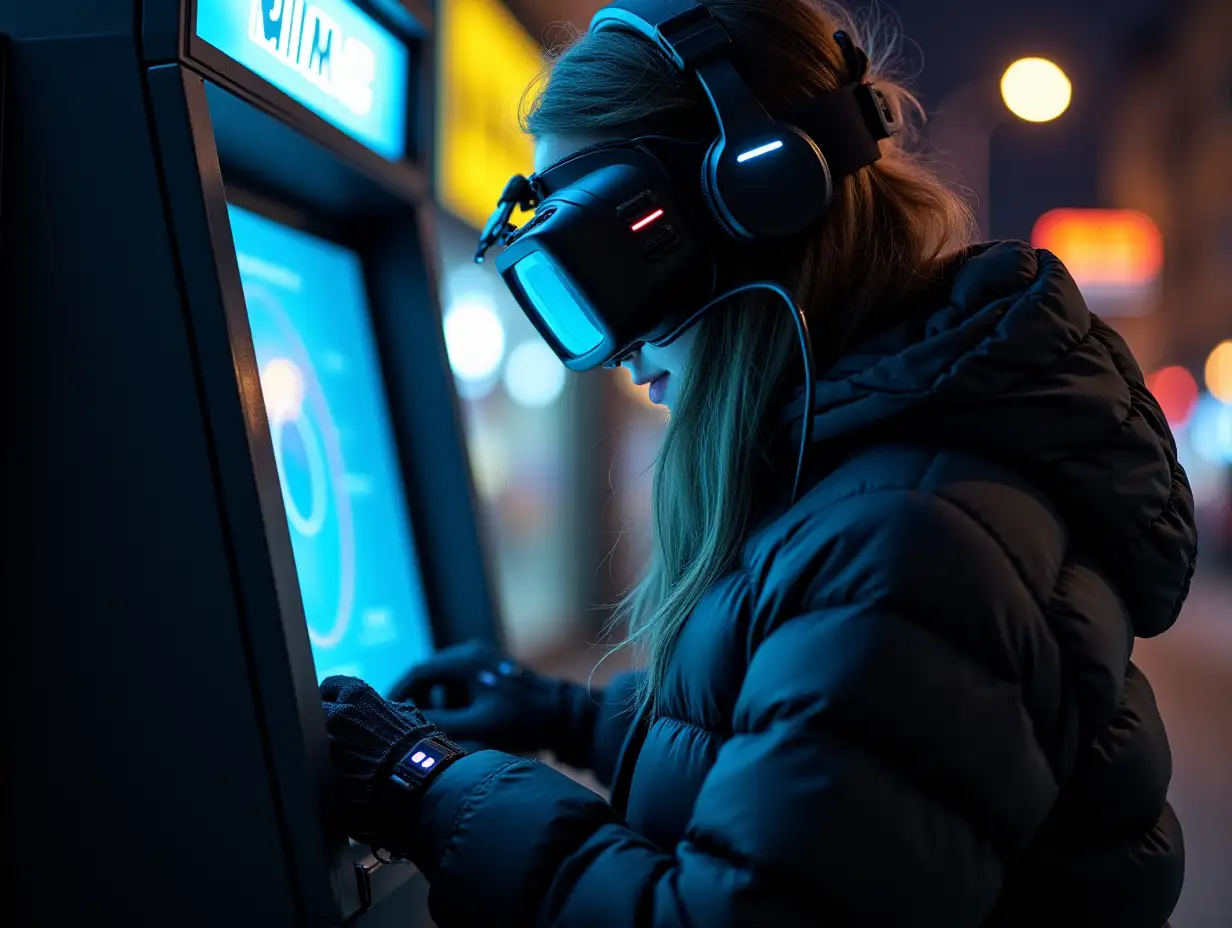 a young incognito stealth female hacker on a street at night, programming atm machine, hands covered, wearing puffer jacket, cybernetic headband, vr goggles, headphones, smartwatch over full electronic gloves, lots of wearable cyberpunk hardware, many wires connected from atm to gloves