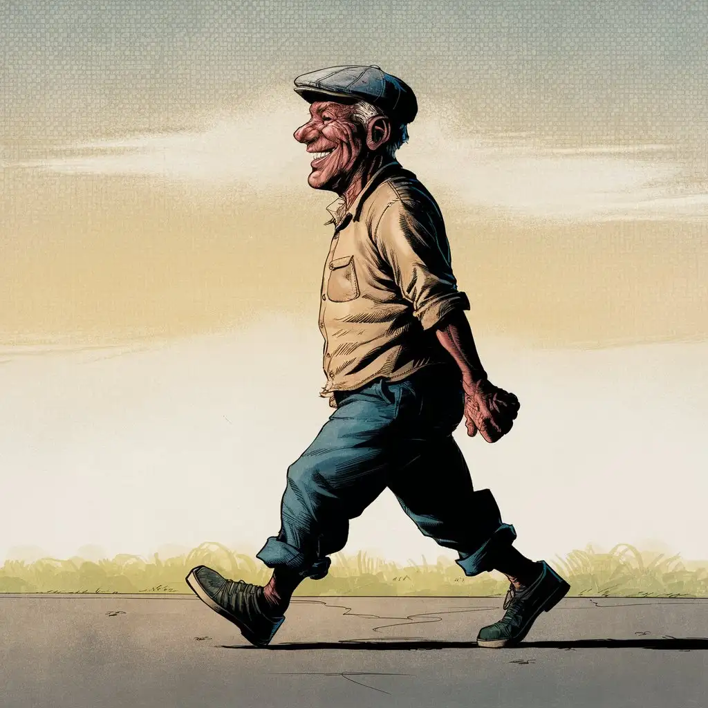 Happy Old Man Walking in Comic Book Style