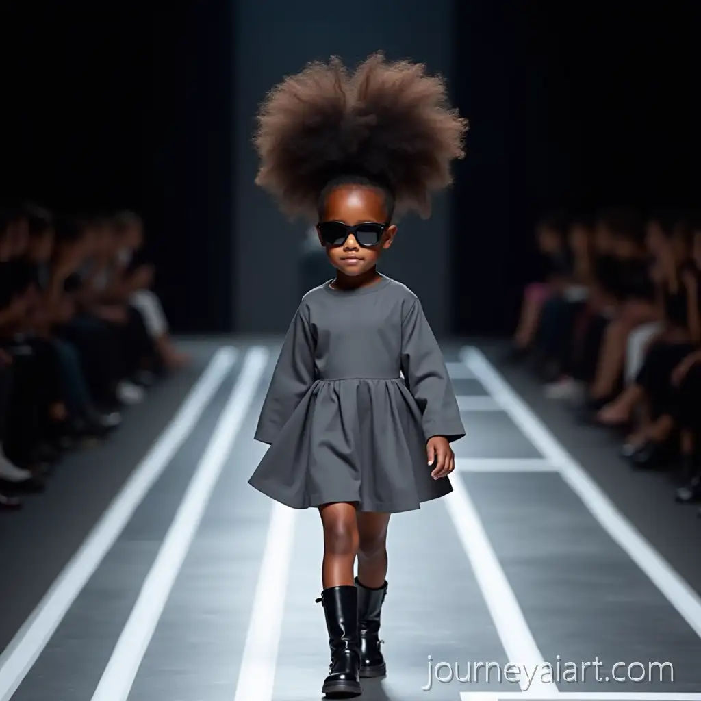 10YearOldAI-Image-Prompt-Expansion-Girl-Strutting-Down-a-Futuristic-Catwalk-in-Oversized-Gray-Dress-and-Boots