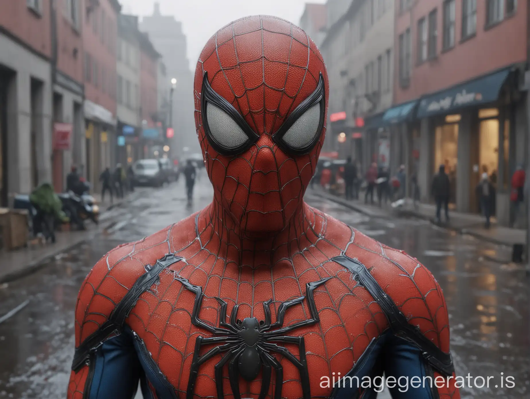 Smiling-Spiderman-in-SemiFull-Body-Portrait-on-Foggy-Warsaw-Street