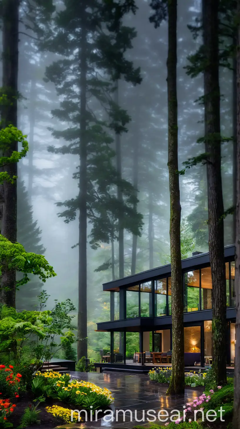 Modern Stone House Surrounded by Enchanting Forest and Vibrant Flower Beds