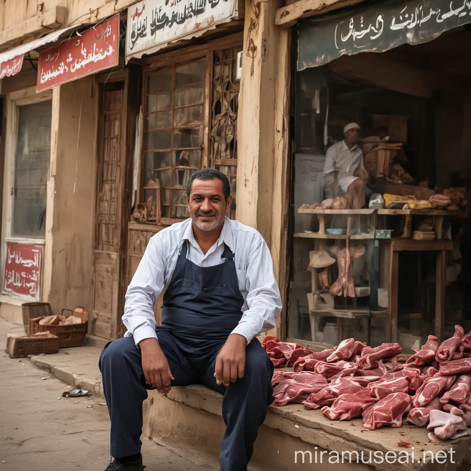 Egyptian Butcher Reflecting on Childhood Memories Outside His Shop