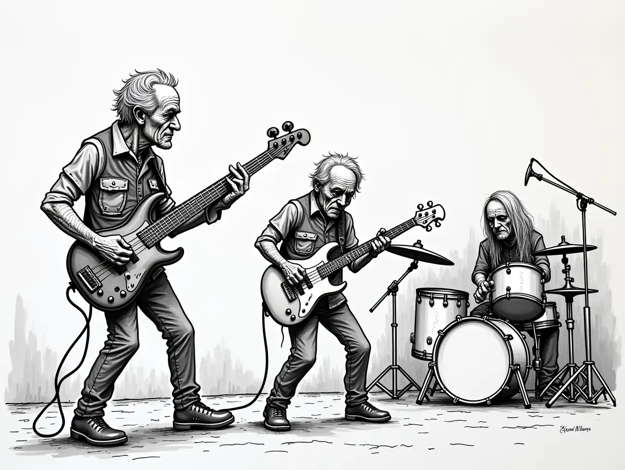 A black & white drawing of 3 rock musicians on a stage playing rock music.  An old base player playing a base guitar, with short black hair. Another old electric guitar player with short gray hair. An old drum player playing on drums, with long hair.