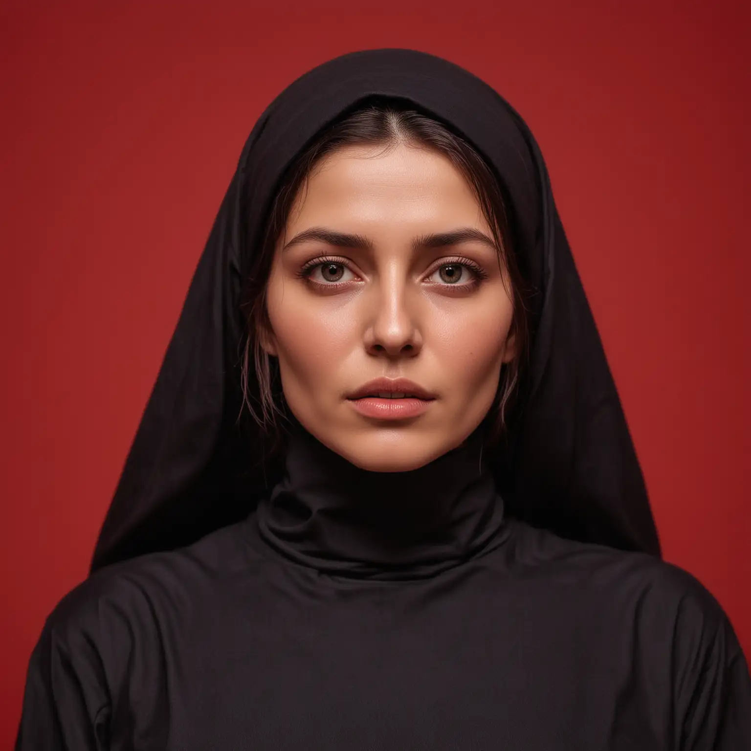 Woman in Black Burka Against Red Background