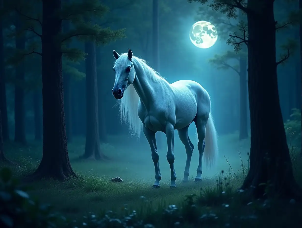 A ghostly horse in a magical forest, moonlight, magic grass, mood of magic and enchantment, bright colors.