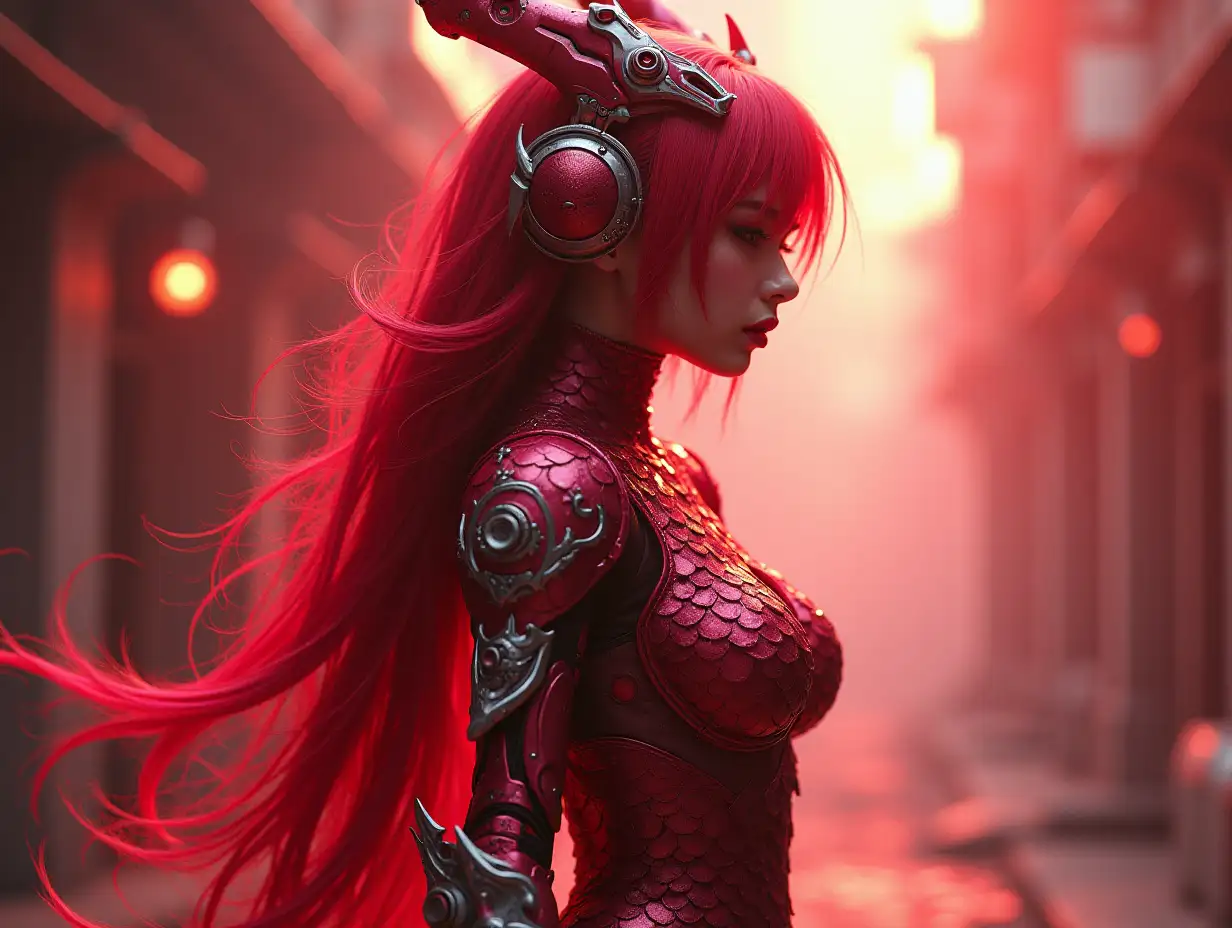 A  Full frontal realistic   cyberpunk style portrait body  of  hot and young  beautiful       realistic, fantasy    mechanical ruby  dragon girl body  full of ruby  scales, with mechanical arm and Loog boots and long hair ultra detailed, fairy lighting, photorealistic, bright colors, volumetric rays of light lose up face,in broad angle and depth of field full body   under attack