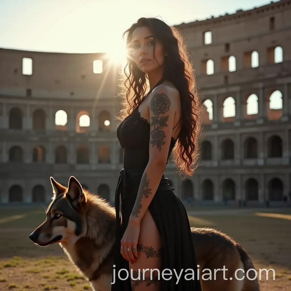 Gothic-Woman-with-Black-Rose-Tattoo-and-Wolf-in-Colosseum-of-Rome