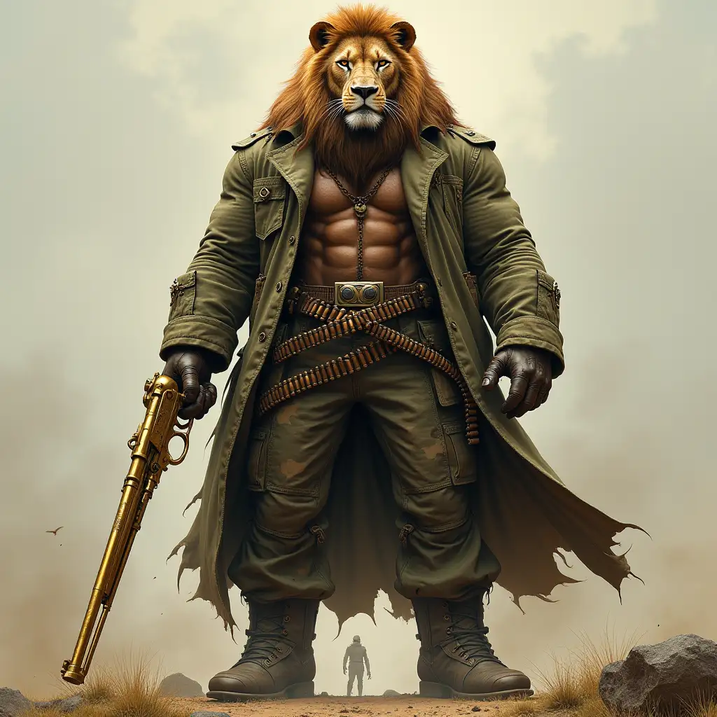 Cowboy titan with lion head 10 meters tall with muscles, camouflage coat, camouflage pants, long golden revolver, ammunition belt with many people