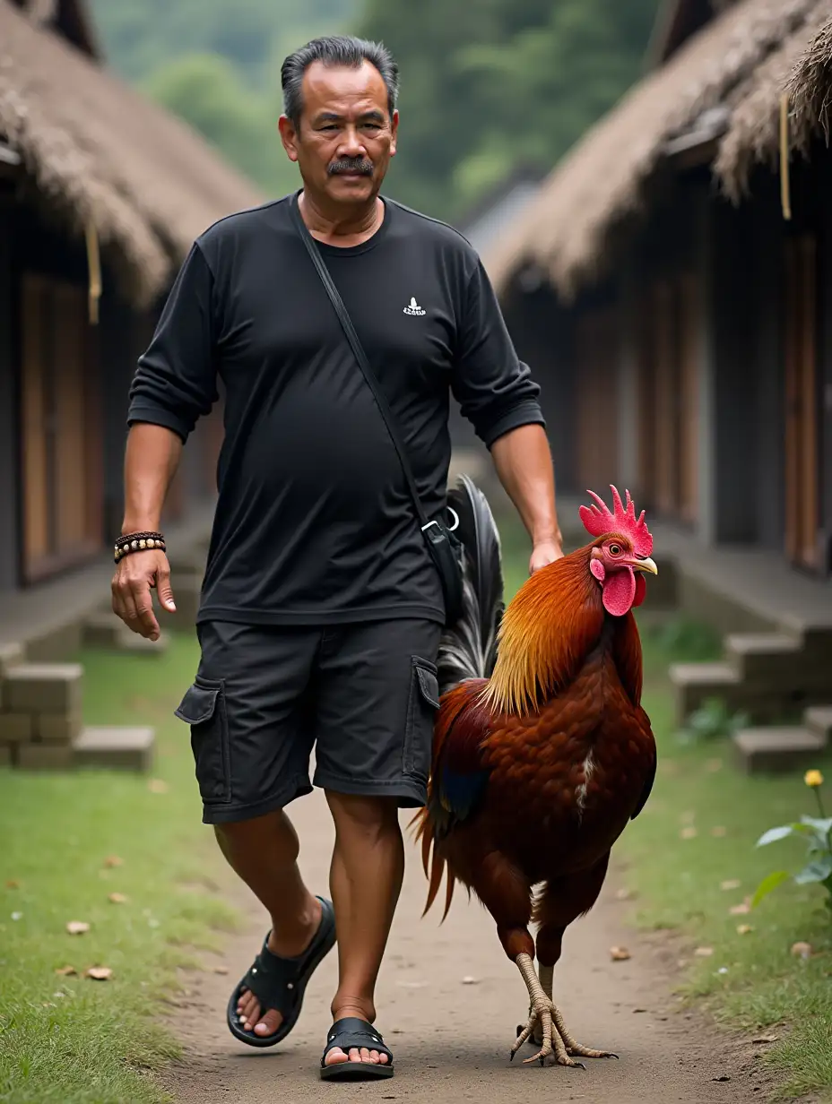 A man in casual black clothes is walking with a very giant rooster in the middle of Tongkonan traditional house, South Sulawesi, Indonesia.