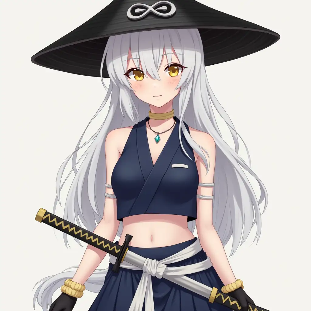 Navy blue Cropped top that cuts down two the right with a strap to support. White Long hair in a lose and large fish tail hair style. Light yellow eyes with white eyelashes and white eyebrows. Flawless face. Skirt length is above the knee and is navy blue. It is secured by a white cloth that has been wrapped around the waist and tied at the front. She is wearing a black, straw samurai hat with a silver infinity charm on it. She is wearing light yellow striped socks and white sandals. She’s also wearing a necklace with a small diamond charm on it. She’s also wearing black leather gloves that don’t cover the fingers. She has a light grey and light yellow katana in her belt