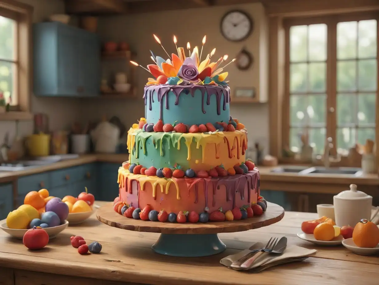 A mid-range view, a beautifully colorful cake is placed on a wooden table in the kitchen., 3d disney inspire