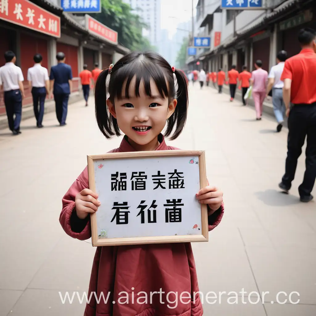 一个五官精致的小女孩拿着一块牌子，牌子上面写着陈佳欣Happy everday