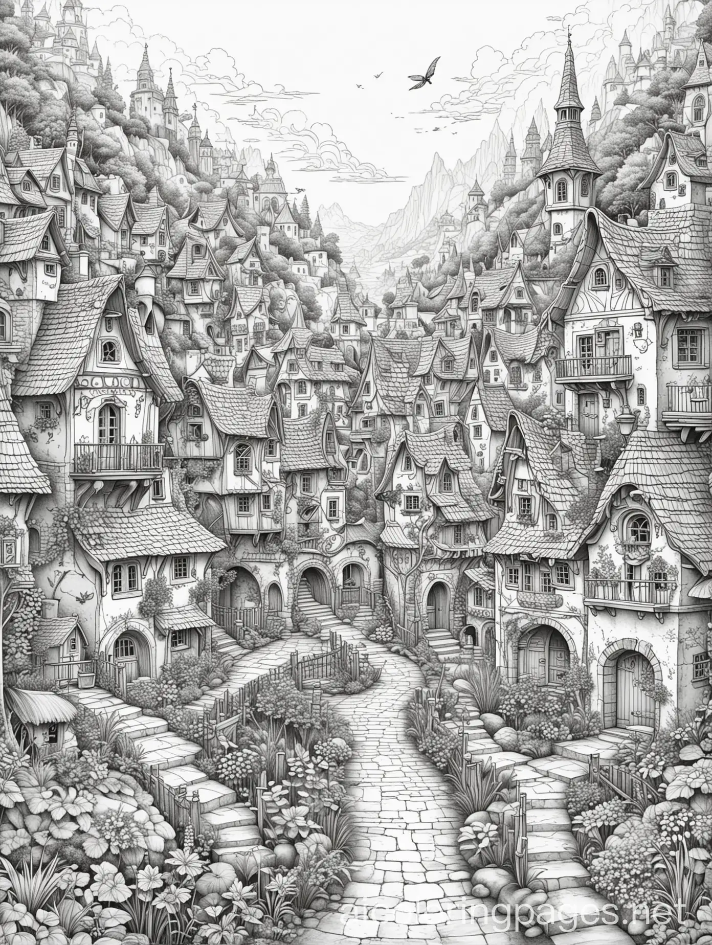 Beautiful-Fairy-Town-Line-Drawing-for-Kids-Coloring-Page