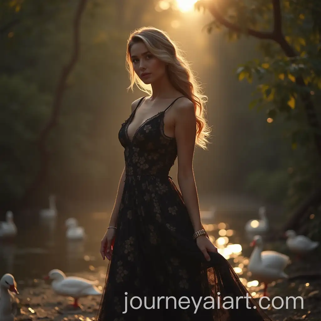 Elegant-Women-in-Evening-Dresses-with-Duck-Companion