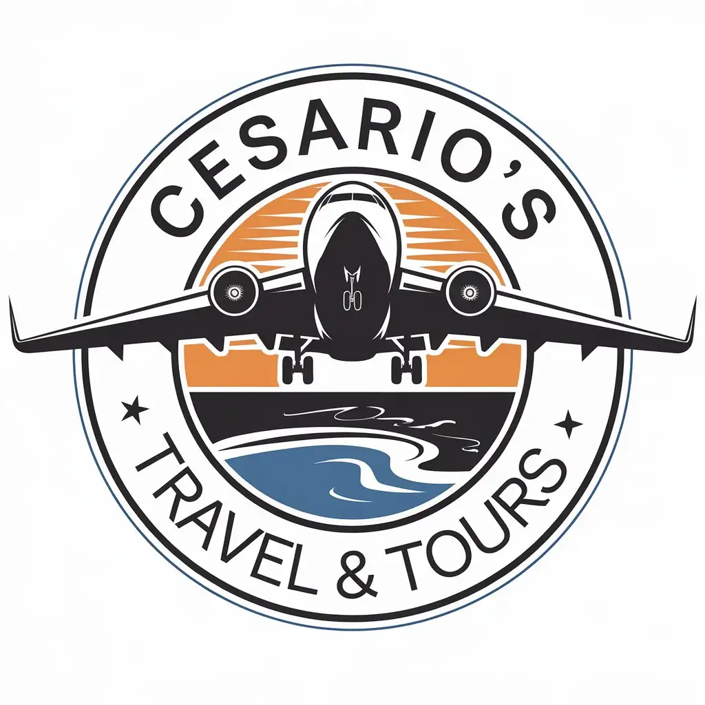 Logo Design for Cesarios Travel Tours Giant Plane and Seashore Theme