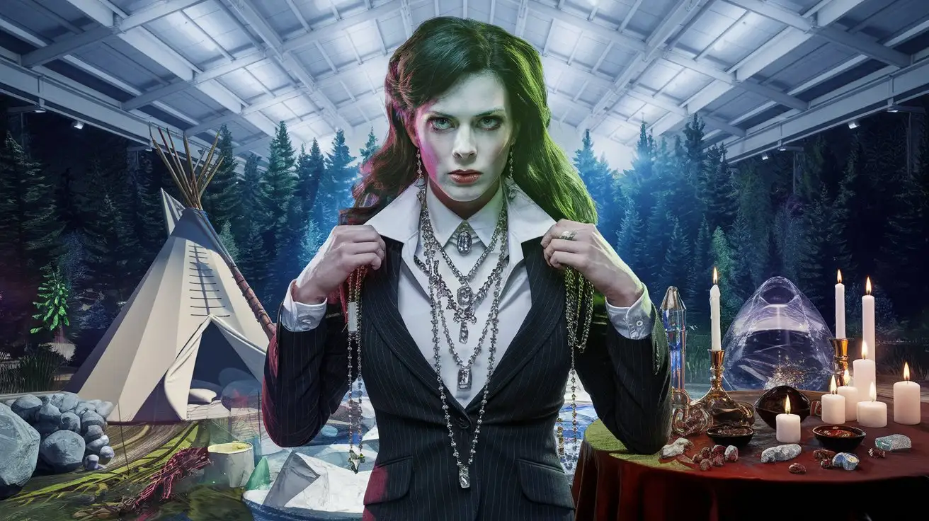 Photograph of an eerie business woman richly dressed, wearing a business suite wearing many necklaces with gemstones, In the back a forest, a teepee, a tachyonic chamber, and a table with candles, crystals, cacao, colorful, bright, highly detailed, realistic