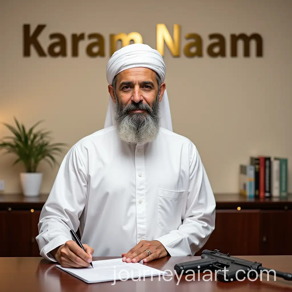 MiddleAged-Cleric-in-Traditional-Dress-Signing-Document-with-Flare-Gun-on-Table