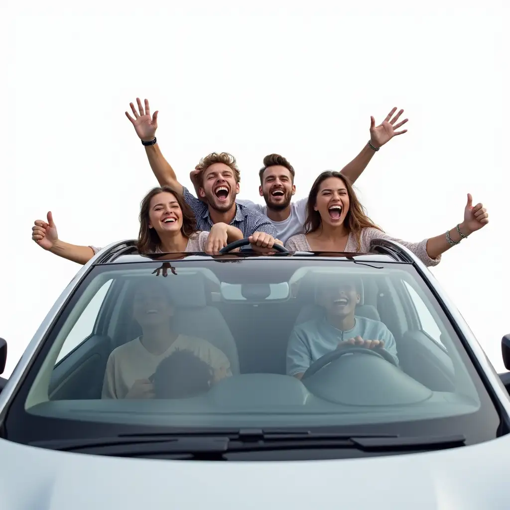 A modern car shown in full view against a clean white background, with a group of happy friends inside celebrating joyfully. The driver, a cheerful young man, holds the steering wheel with excitement, while the passengers raise their hands, laugh, and enjoy the moment. The car's sleek design and glossy finish stand out, with the windows revealing the group's happiness. The scene conveys excitement, friendship, and celebration in a stylish and minimalistic setting.