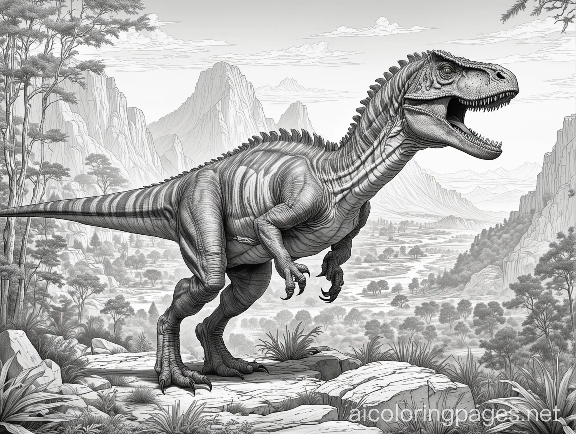 Allosaurus-Coloring-Page-in-Ancient-Landscape