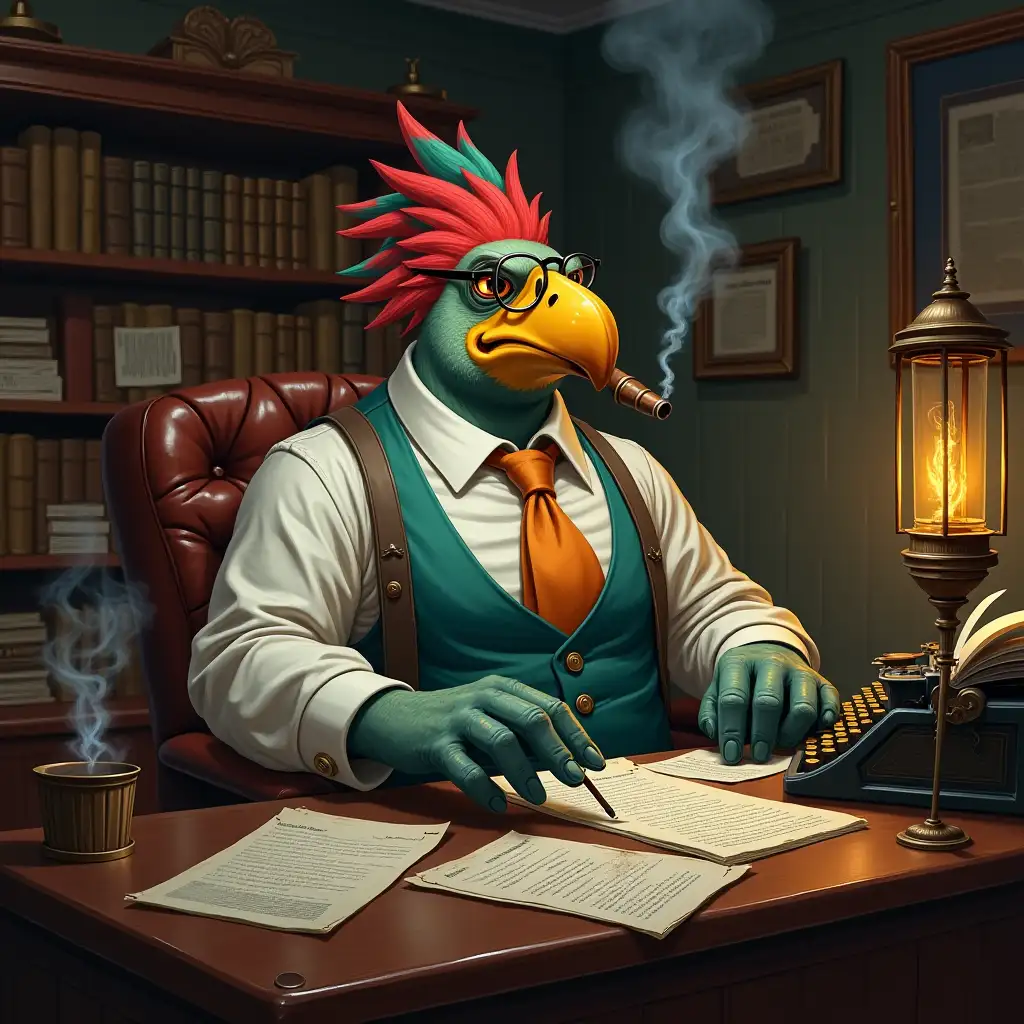 Aarakocra-in-Tailored-Suit-at-Wooden-Desk-in-Fantasy-Office