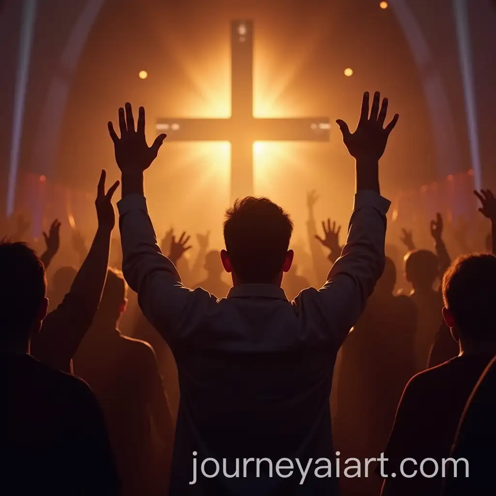 Man-Lifting-Hands-in-Thanksgiving-at-Pentecostal-Church-Surrounded-by-Hopeful-Light