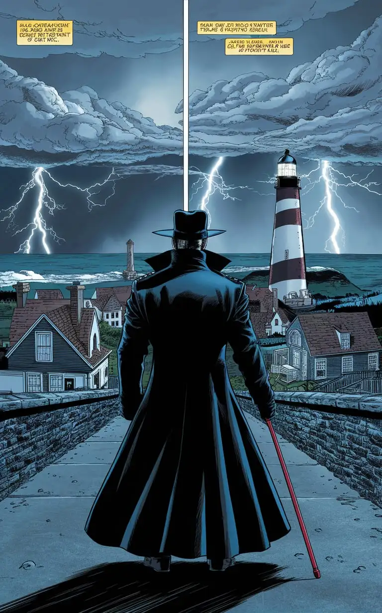 Comic Book Art Coastal Town with Lighthouse and Storm