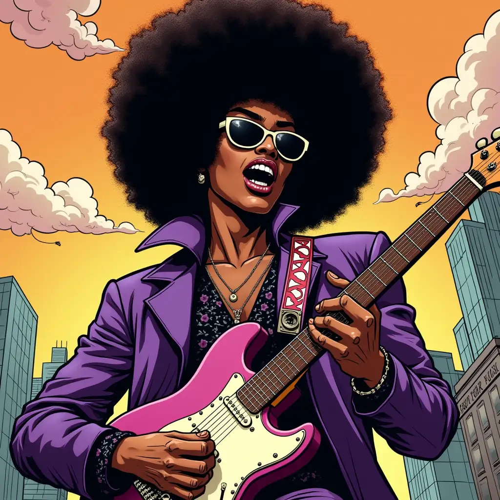 1970's Black Rock star  with a Afro with a electric guitar and purple attire comic book style