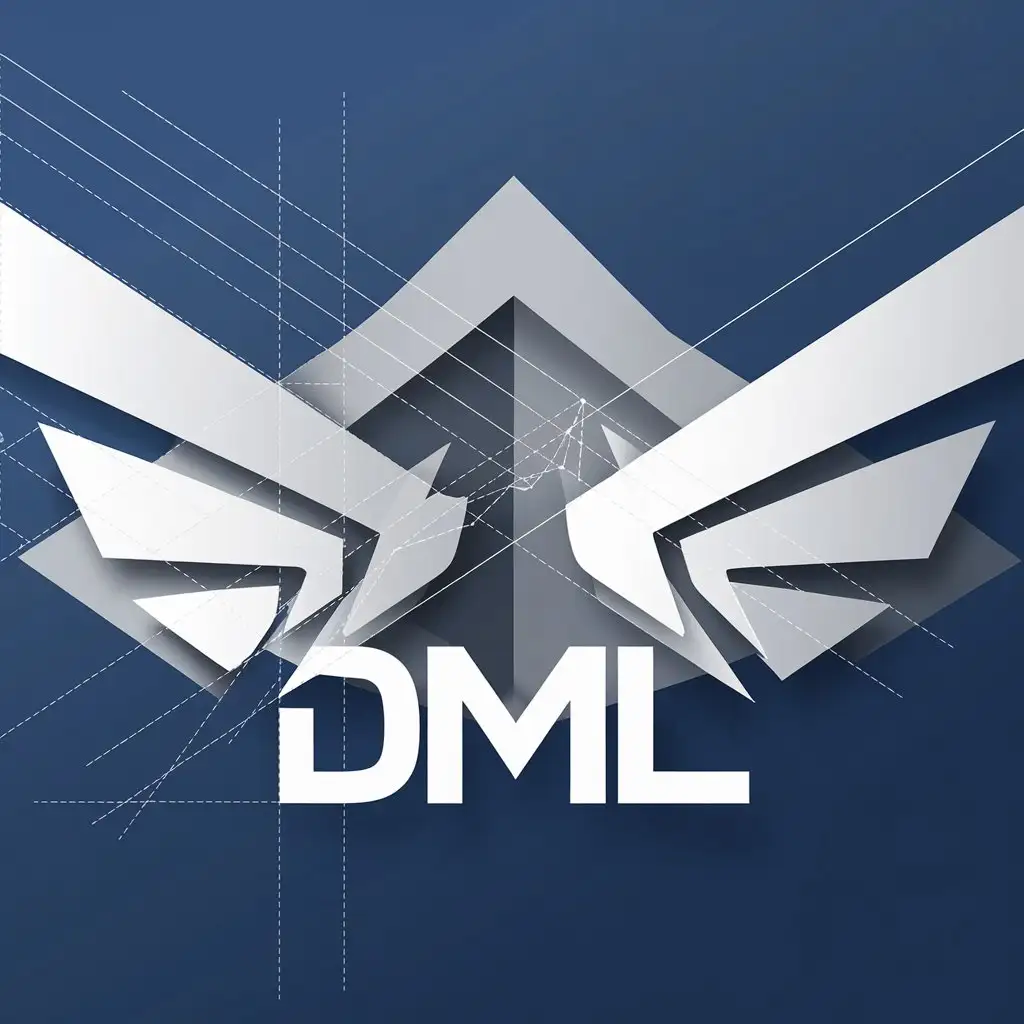 LOGO Design for DML Blue Background with Overlapping Geometric Wings and Arrow Symbolizing Speed and Innovation