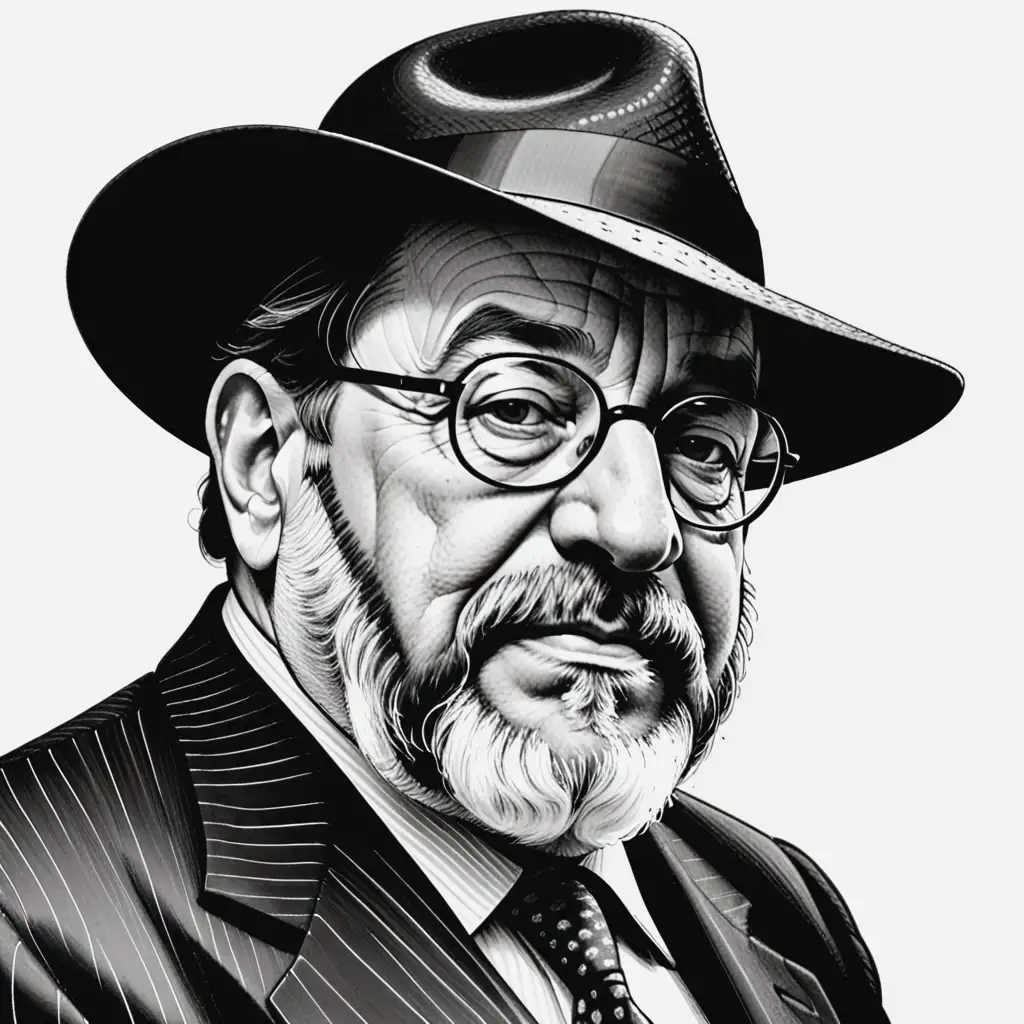 black and white scratchboard illustration of Umberto Eco with a hat, thick lines cross-hatch technique, isolated on pure white background, high contrast