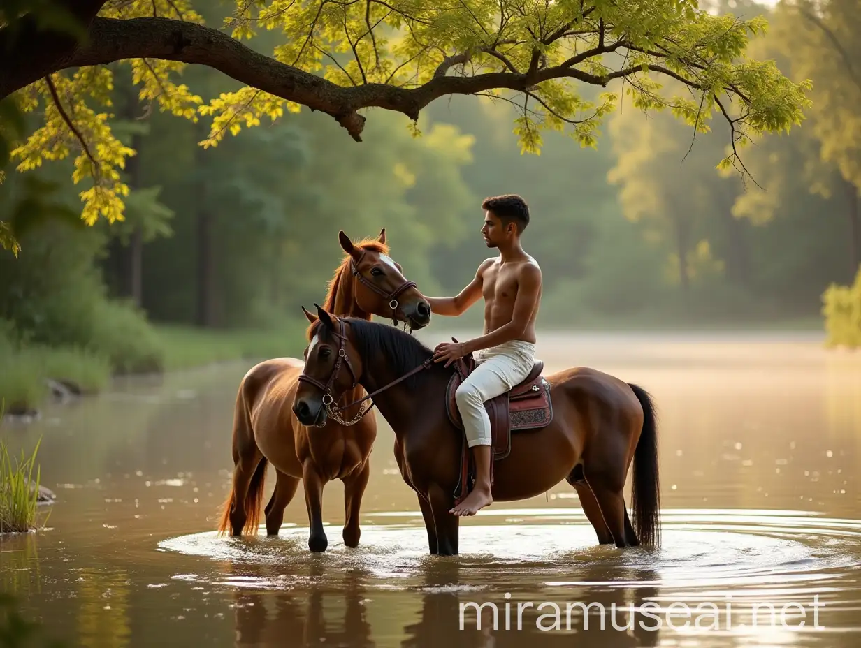 Roma Boy Connecting with Horses in Serene Lake Setting